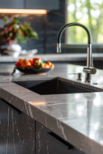 Close-up view of a polished quartz countertop in a stylish kitchen, showcasing its smooth, non-porous surface with ambient light reflection and subtle textures.