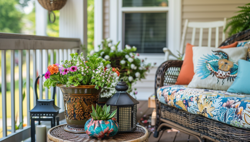 Close-up view of front porch accent pieces, including a vividly painted planter, wicker chair with colorful cushions, and vintage decorations