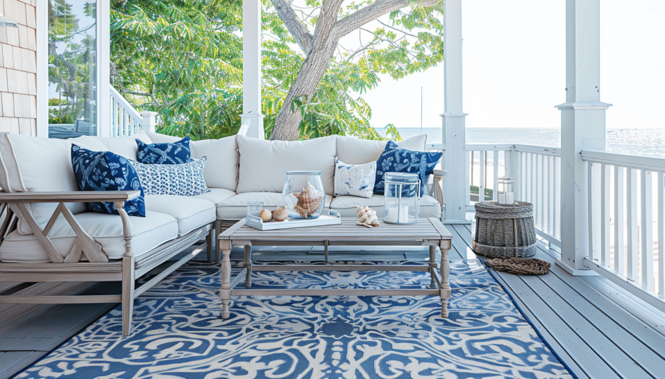 Coastal front porch with blue and white outdoor rug and beach views-