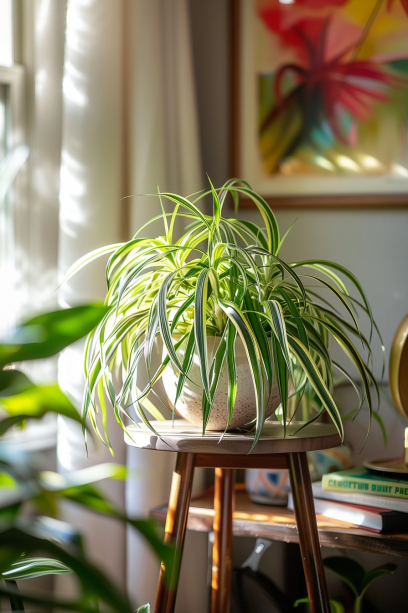 Cozy Apartment Corner with Spider Plant and Decor
