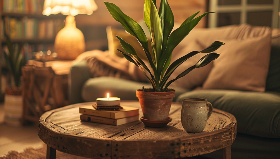 Cozy dim-lit living room with Cast Iron Plant, vintage books, ceramic mug, textured sofa, and elegant indoor decor.