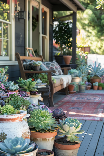 Cozy front porch with a variety of succulents in decorative planters and vintage containers, rustic wooden chairs, soft pillows, and a vintage rug under warm sunlight