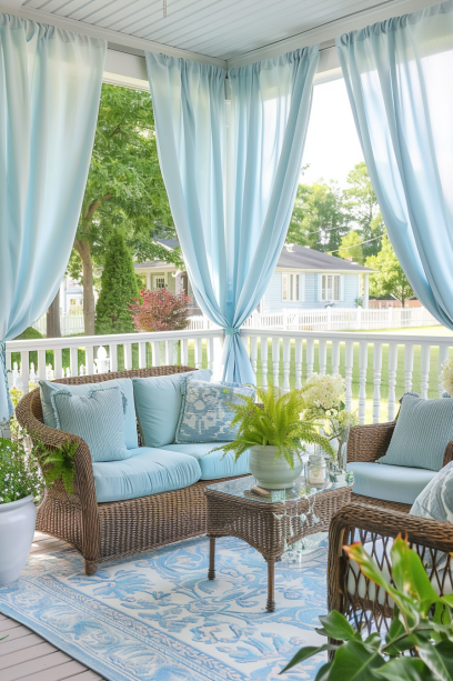 Cozy front porch with light blue curtains, wicker furniture, potted plants, and a patterned rug, offering a private, inviting atmosphere
