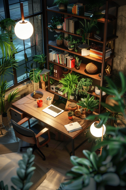 Cozy home office with low-light indoor plants, aerial view