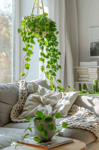 Cozy living room with a hanging Pothos plant in a modern white basket, complemented by minimalist decor and soft ambient lighting.