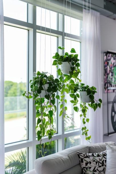 Devil's Ivy, indoor plants, hanging pots, modern living room, natural light, urban jungle decoration