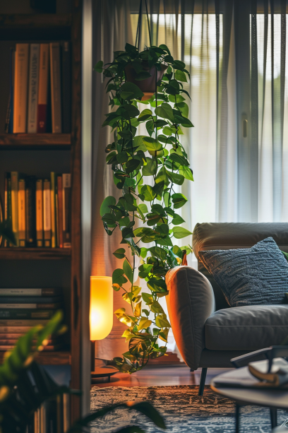 Dimly Lit Modern Living Room with Low-Light Indoor Plants