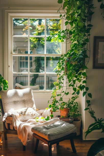 English Ivy, indoor plants, cozy living room, natural light