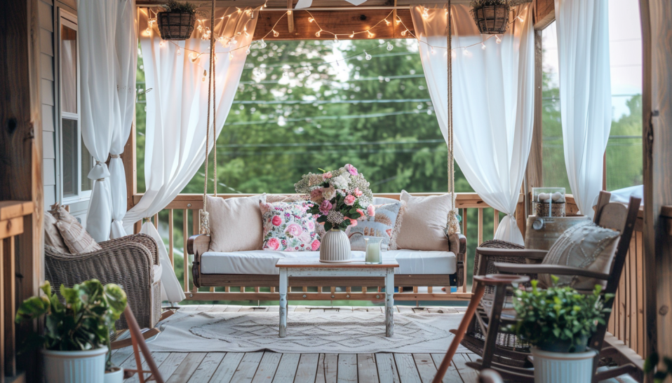 Farmhouse front porch with sheer white curtains, a swinging bench, and string lights--