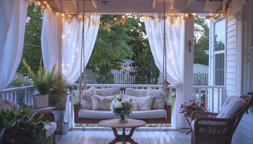 Farmhouse front porch with sheer white curtains, a swinging bench, and string lights..