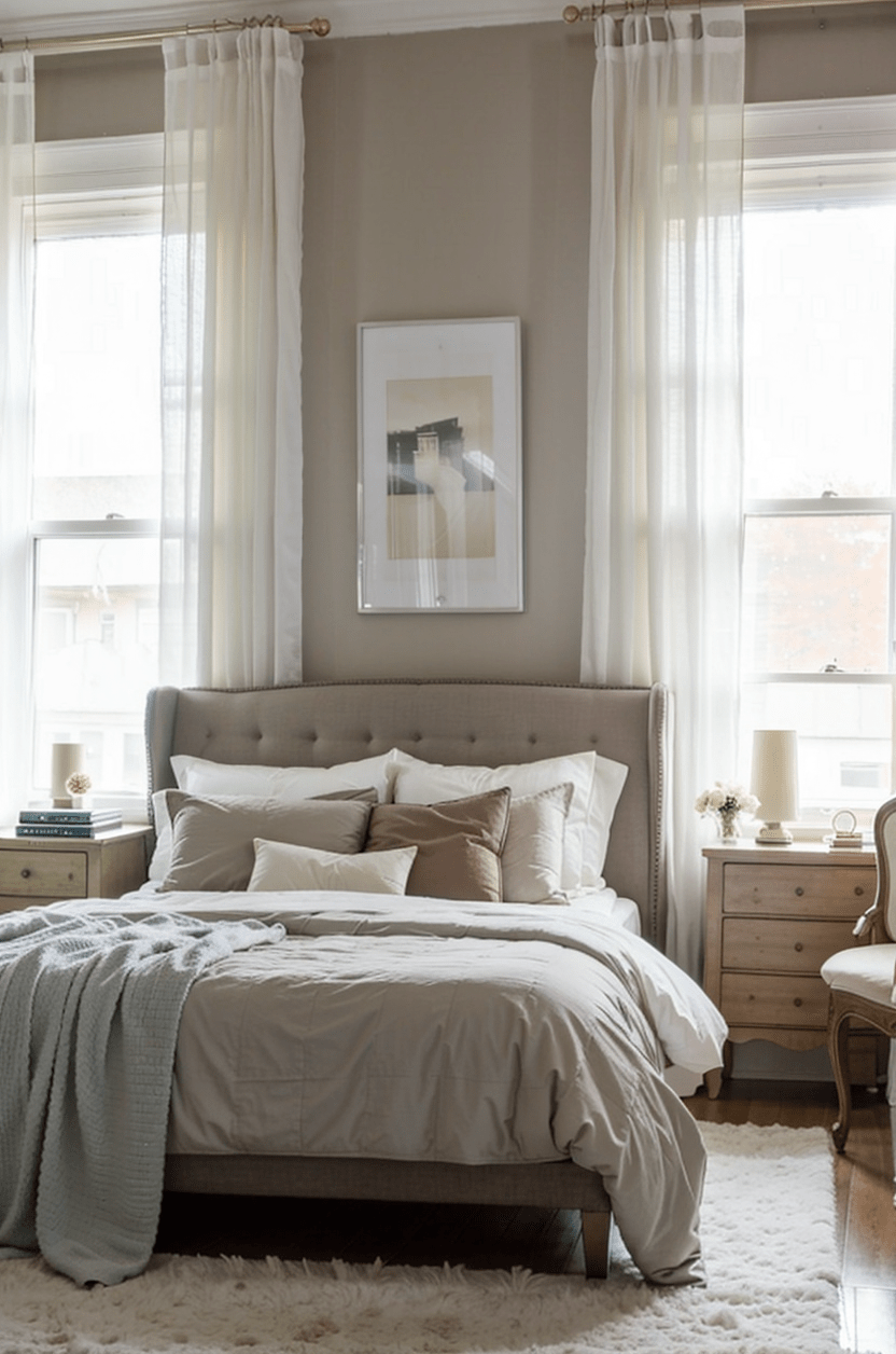 French grey and white color scheme small bedroom cozy