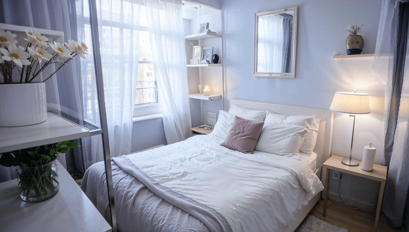 French grey and white color scheme small bedroom