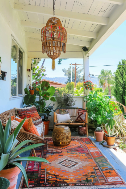 Front porch with colorful geometric outdoor rug