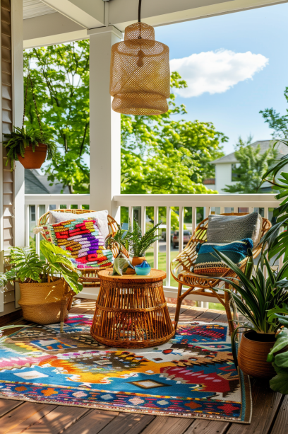 Front porch with colorful geometric outdoor rug.