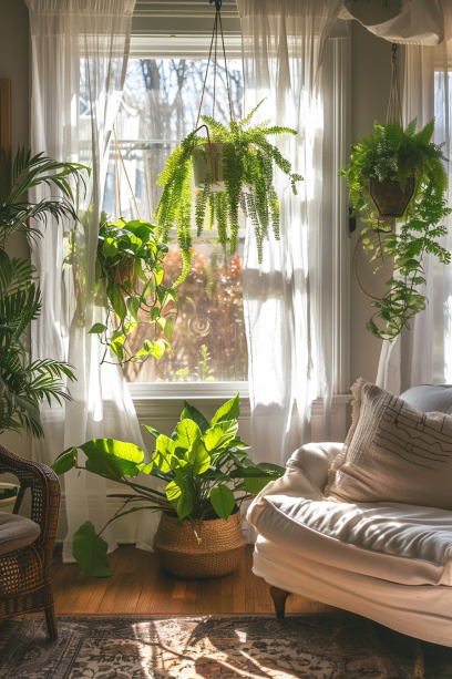 Indoor Hanging Plants, Boston Fern, Cozy Living Room, Natural Light.
