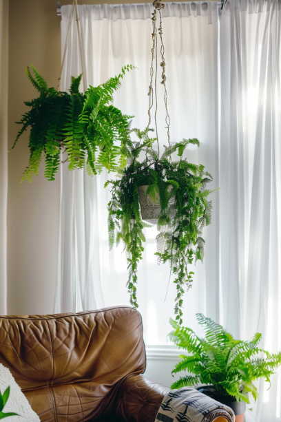Indoor Hanging Plants, Boston Fern, Cozy Living Room, Natural Light