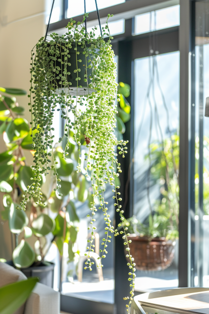 Indoor hanging plants, String of Pearls, Scandinavian furniture, ambient lighting, wide angle room view