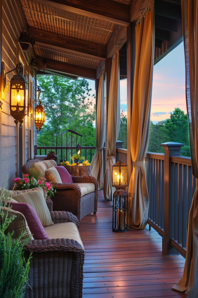 Inviting front porch with flowing outdoor curtains and cozy wicker furniture at sunset-