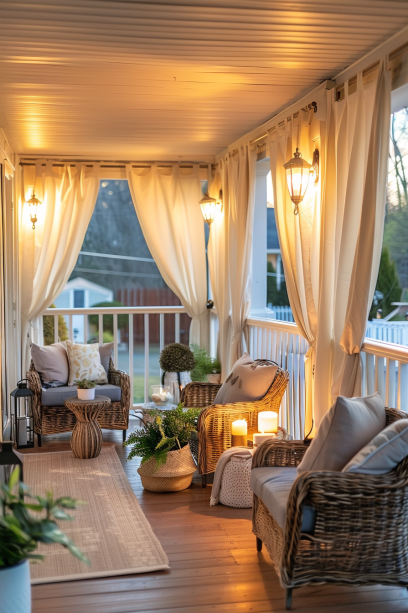 Inviting front porch with flowing outdoor curtains and cozy wicker furniture at sunset