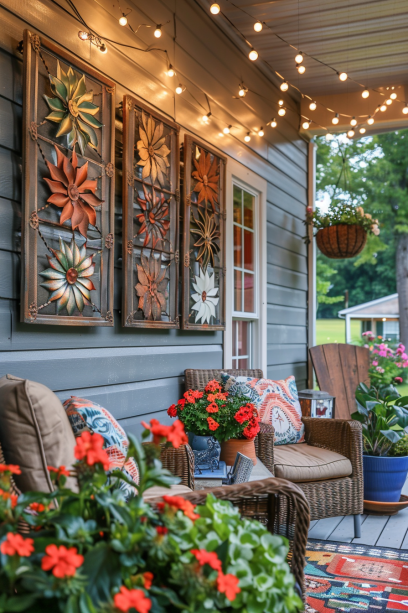 Inviting front porch with metal wall art flowers