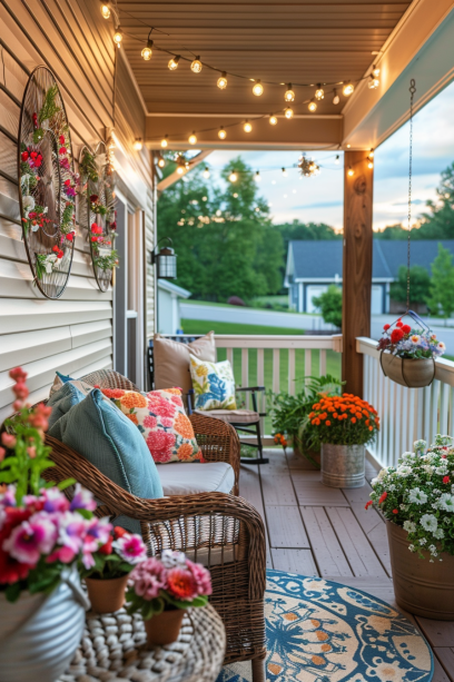 Inviting front porch with metal wall art