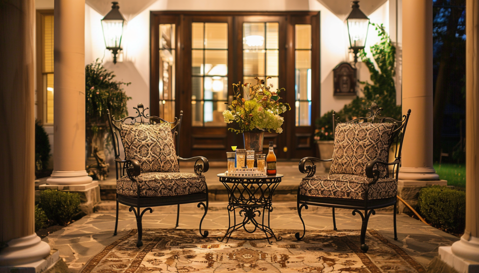 Inviting front porch with wrought-iron chairs, patterned cushions, newly flowered, standing stool table, elegant night-time lighting features, and ivy-covered pillars around.