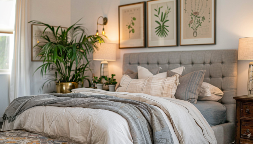 Iron Plant situated in an artistic brass planter by the foot of an upholstered bed with a tufted headboard