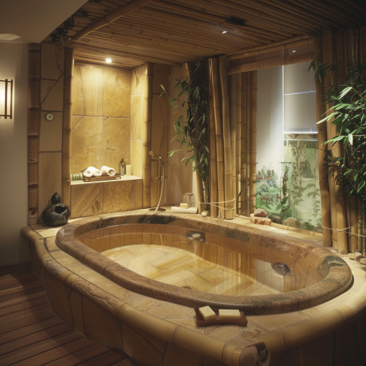 Japandi bathroom, Zen garden, bamboo, ferns, moss, rock garden, natural light, interior design.