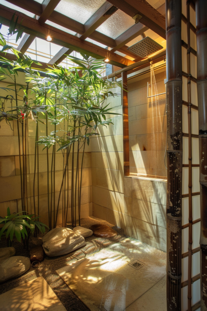 Japandi bathroom, Zen garden, bamboo, ferns, moss, rock garden, natural light, interior design