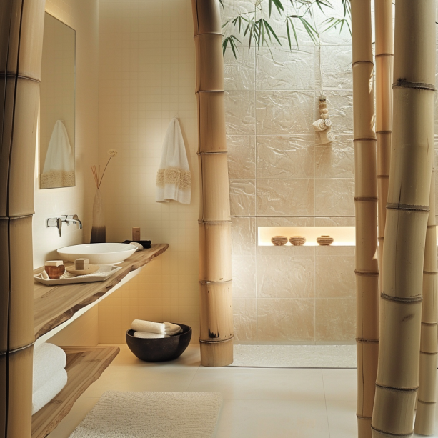 Japandi bathroom, Zen garden, bamboo, ferns, moss, rock garden, natural light, interior design...