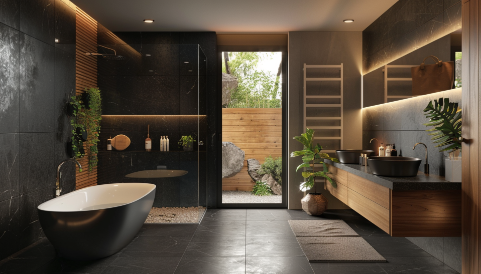 Japandi bathroom, black tiles, wooden accents, natural stone, ambient lighting