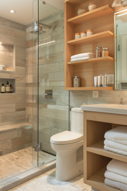Japandi bathroom, floating vanity, round mirror, neutral palette, small space design
