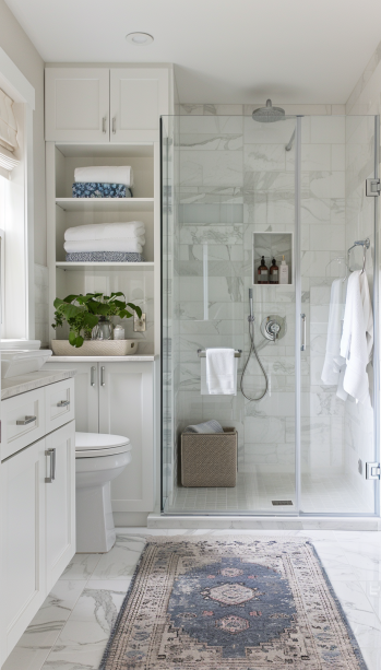 Japandi bathroom, floating vanity, round mirror, neutral palette, small space design bath