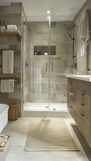 .Japandi bathroom, floating vanity, round mirror, neutral palette, small space design.