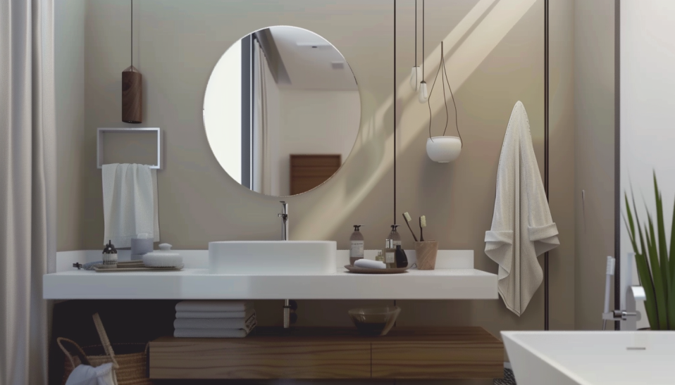 Japandi bathroom, floating vanity, round mirror, neutral palette