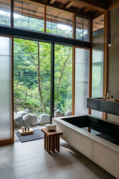 Japandi bathroom, floor-to-ceiling windows, frosted glass, natural view, interior design harmony.