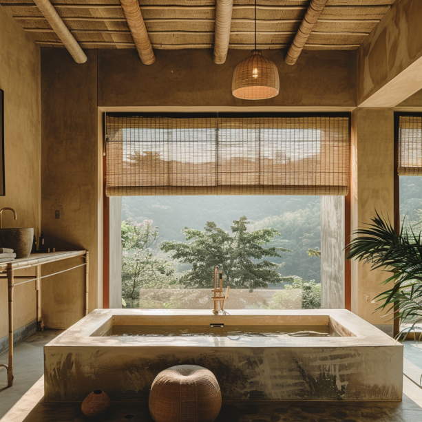 Japandi bathroom, floor-to-ceiling windows, frosted glass, natural view, interior design harmony