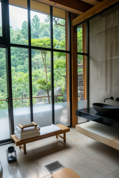 Japandi bathroom, floor-to-ceiling windows, frosted glass, natural view, interior design harmony....