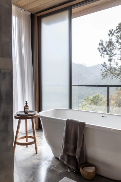 Japandi bathroom, floor-to-ceiling windows, frosted glass, natural view, interior design harmony.