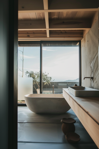 Japandi bathroom, floor-to-ceiling windows, frosted glass, natural view, interior style