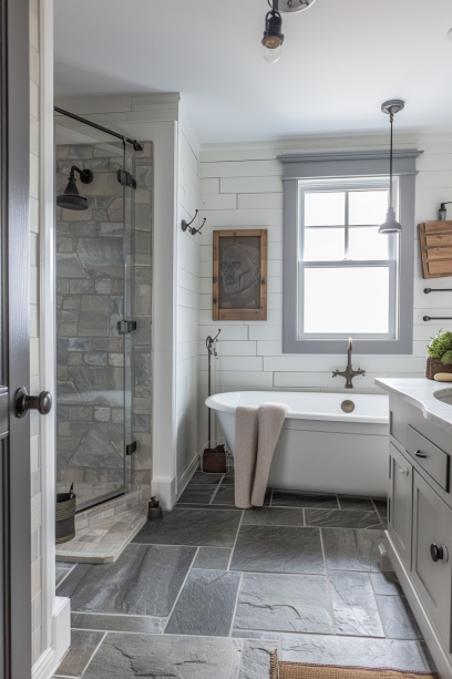 Japandi bathroom, grey stone basin, wooden vanity, earthy grey tones, black accents