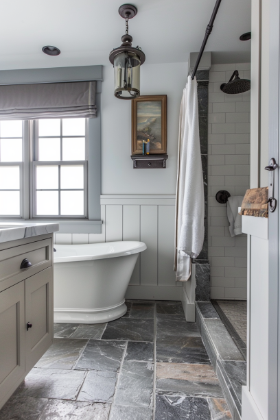 Japandi bathroom, grey stone basin, wooden vanity, earthy grey tones, black accents....