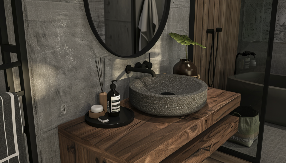 Japandi bathroom, grey stone basin, wooden vanity, earthy grey tones, black accents...
