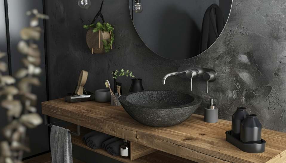 Japandi bathroom, grey stone basin, wooden vanity, earthy grey tones, black accents.