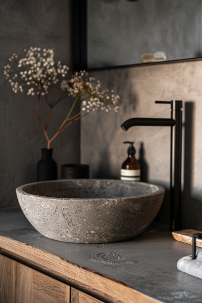 Japandi bathroom, grey stone basin, wooden vanity, earthy grey tones