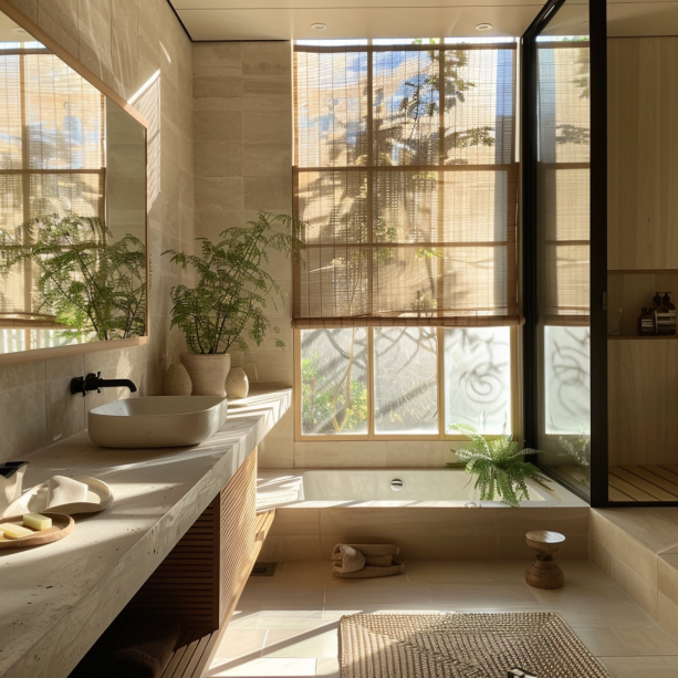 Japandi bathroom, low-profile furniture, simple design, natural light