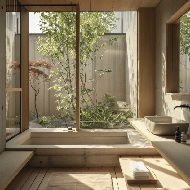 Japandi bathroom, low-profile furniture, simple design, natural light.