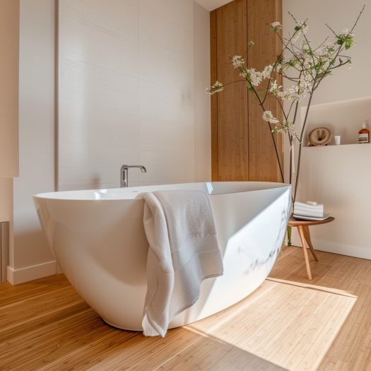 Japandi bathroom, minimalist bathtub, natural elements, wood planks, pebbles...
