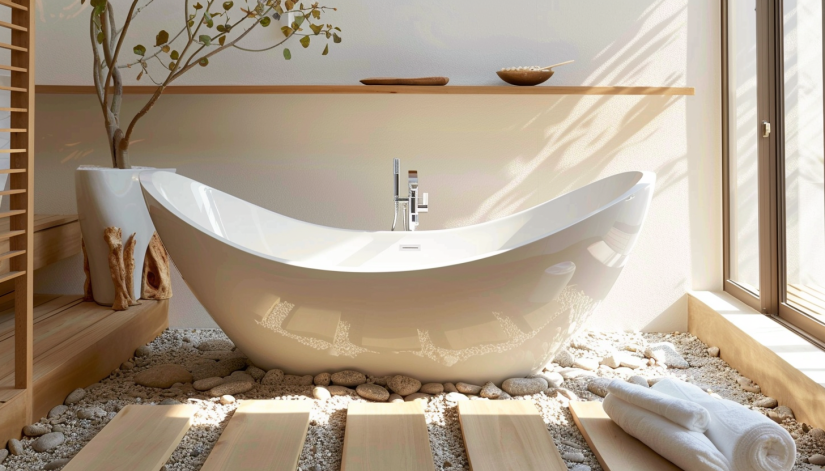 Japandi bathroom, minimalist bathtub, natural elements, wood planks, pebbles.