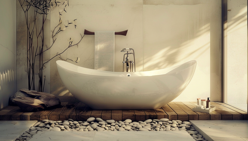 Japandi bathroom, minimalist bathtub, natural elements, wood planks, pebbles